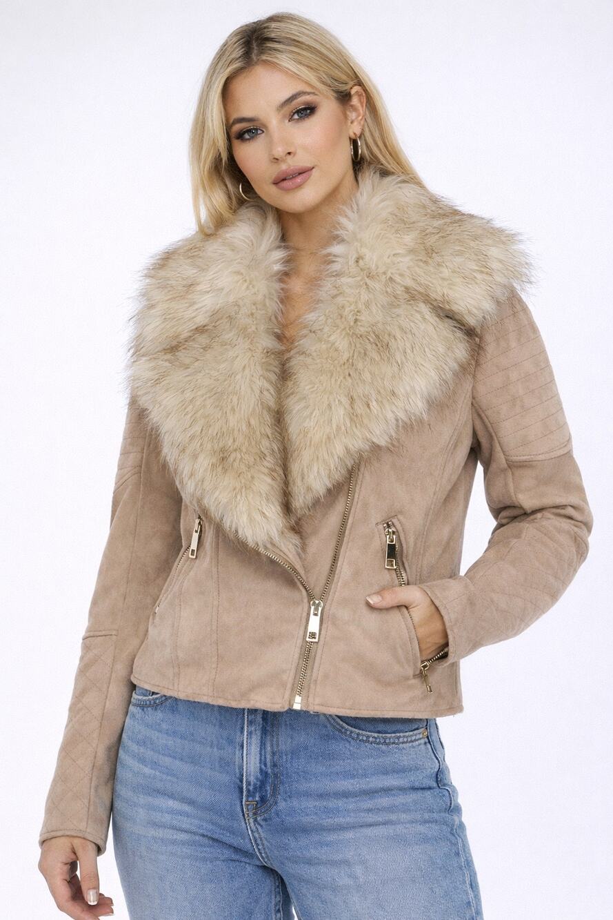 River Island Suedette Biker Moto Jacket Womens 4 Petite Faux Fur Collar Beige